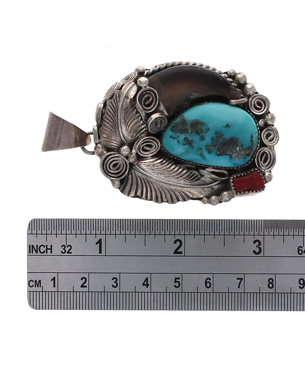 Navajo Sterling Silver Turquoise & Coral Bear Claw Pendant - Image 3