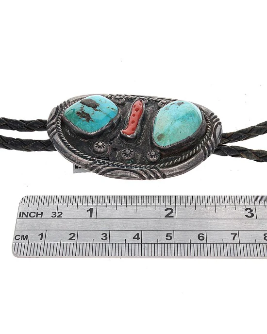 Navajo Sterling Silver Turquoise & Coral Bolo Tie - Image 3