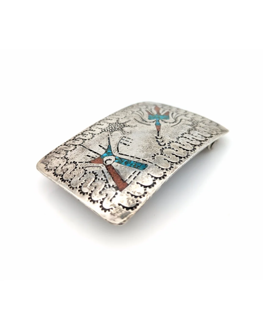 Navajo Sterling SIlver Turquoise & Coral Chip Inlay Buckle - Image 2