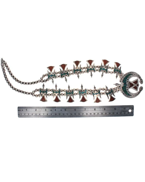 Navajo Sterling Silver Turquoise Coral Chip Inlay Peyote Bird Squash Blossom Necklace - Image 3