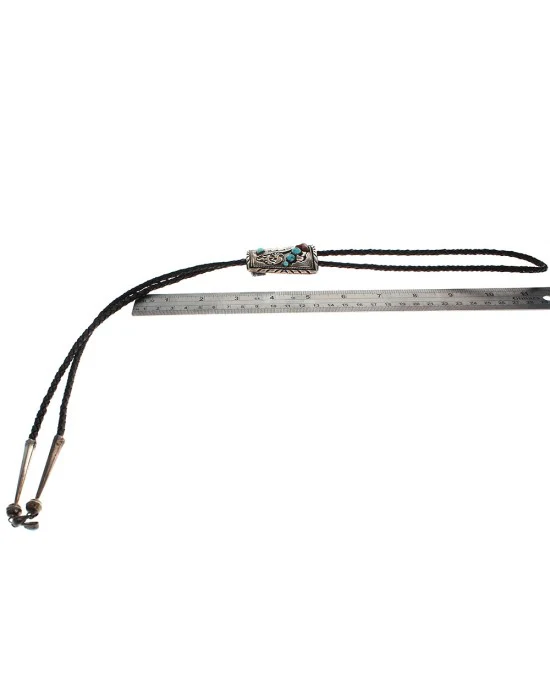 Navajo Sterling Silver Turquoise & Coral Kokopelli Bolo Tie - Image 3