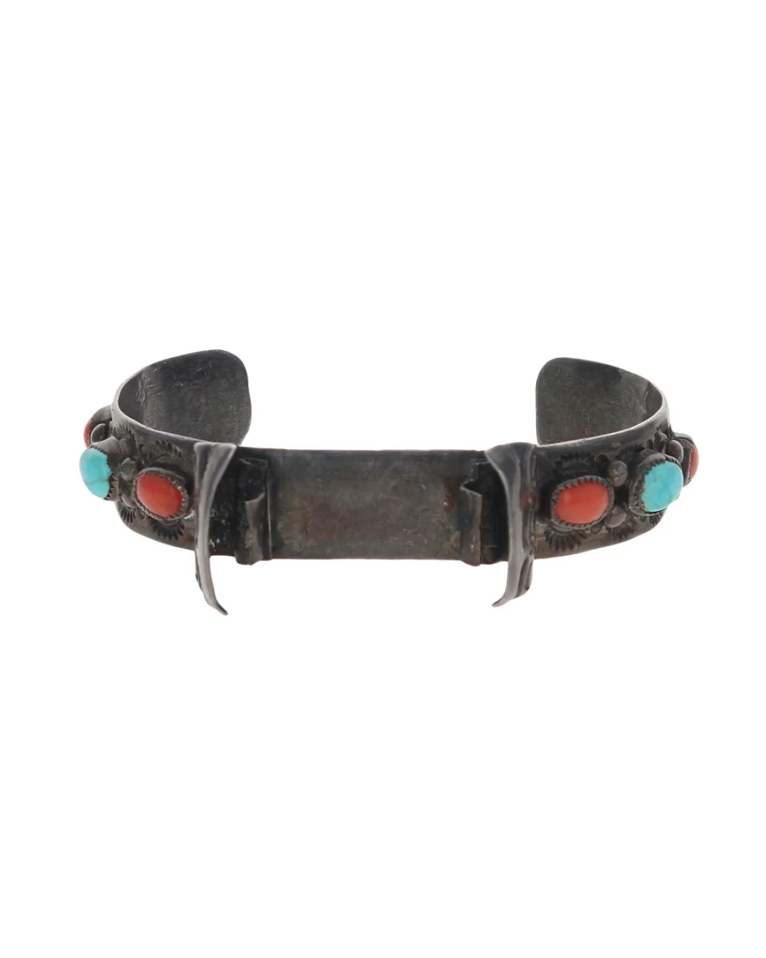 Navajo Sterling Silver Turquoise & Coral Watch Cuff Bracelet - Image 2