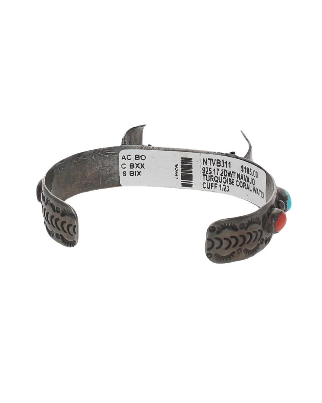 Navajo Sterling Silver Turquoise & Coral Watch Cuff Bracelet - Image 3