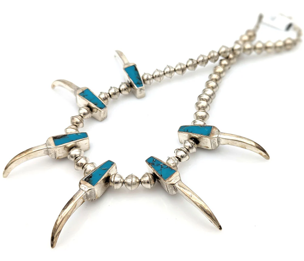 Navajo Sterling Silver Turquoise Inlay Claw Necklace - Image 2