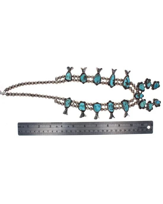 Navajo Sterling Silver & Turquoise Squash Blossom Necklace - Image 3