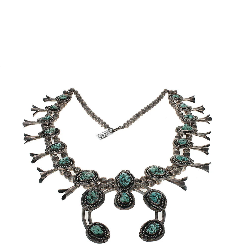 Navajo Sterling Silver & Turquoise Squash Blossom Necklace - Image 2