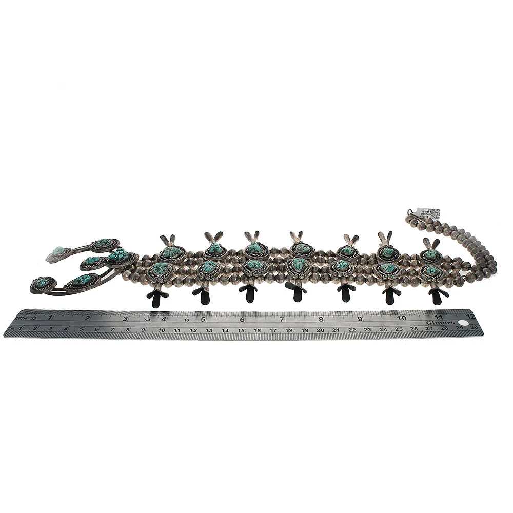 Navajo Sterling Silver & Turquoise Squash Blossom Necklace - Image 4