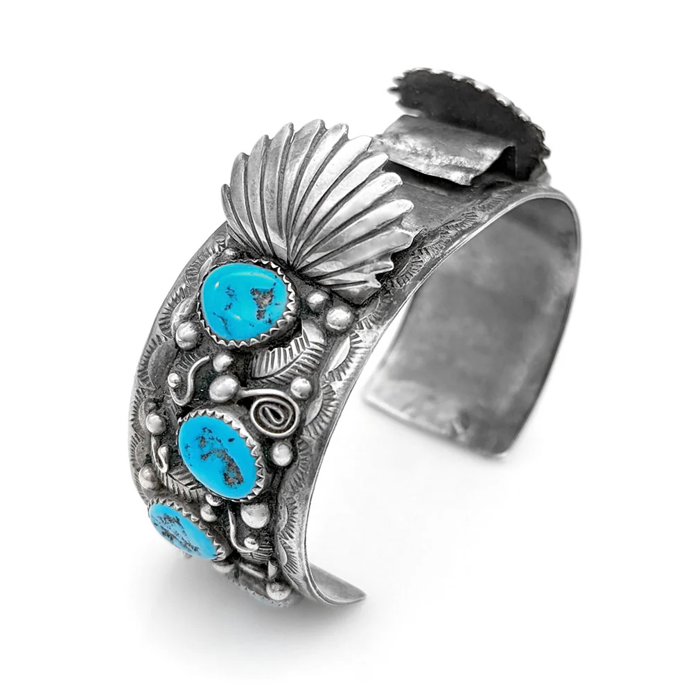 Navajo Sterling Silver & Turquoise Watch Cuff Bracelet - Image 2