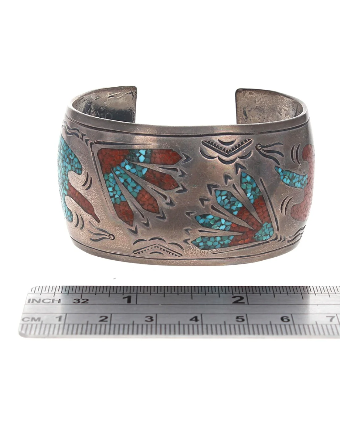 Navajo William Singer Sterling Silver Turquoise Chip Inlay Cuff Bracelet - Image 3