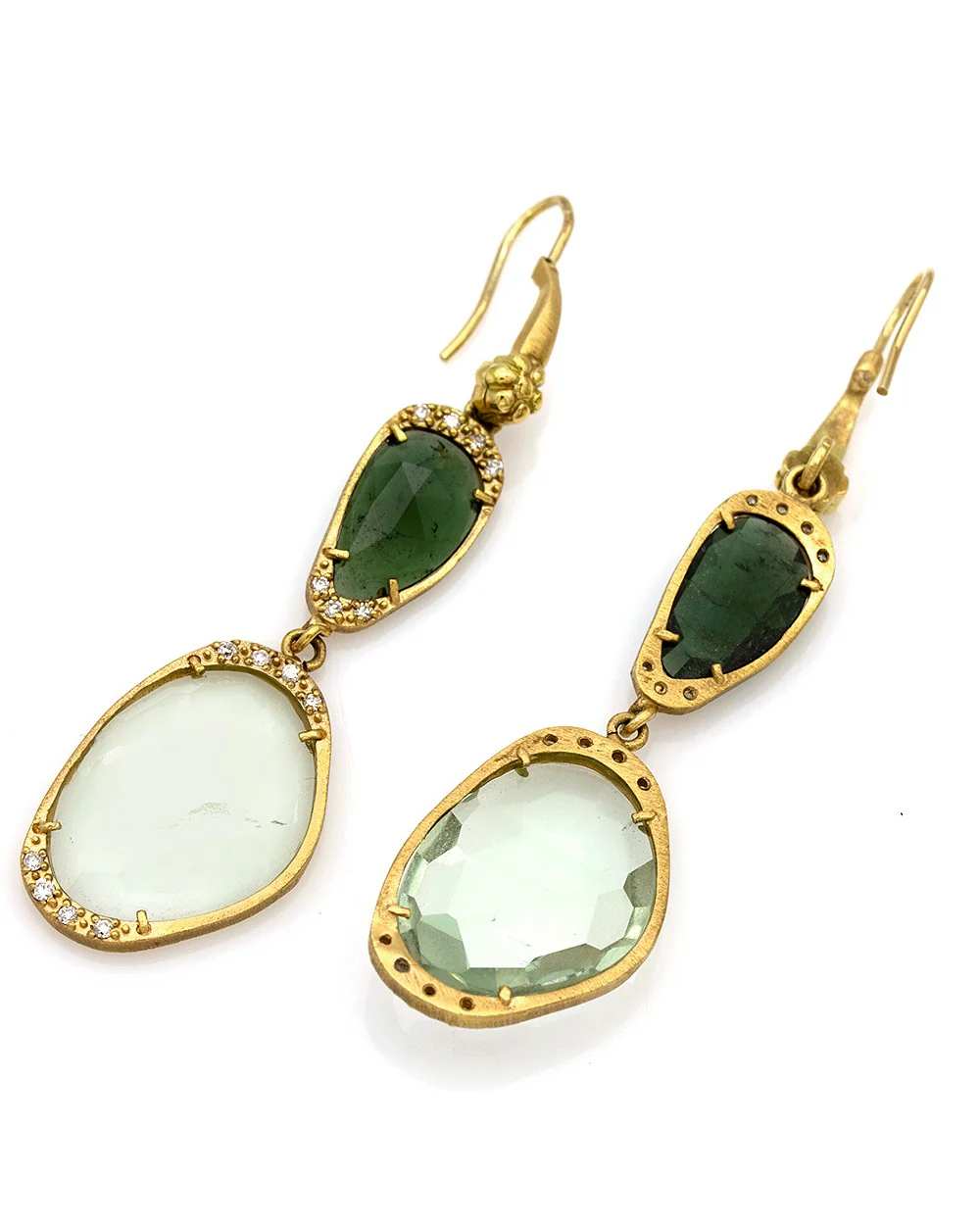 Nouveau 1910 14ky Green Tourmaline, Green Amethyst and Diamond Earrings - Image 2