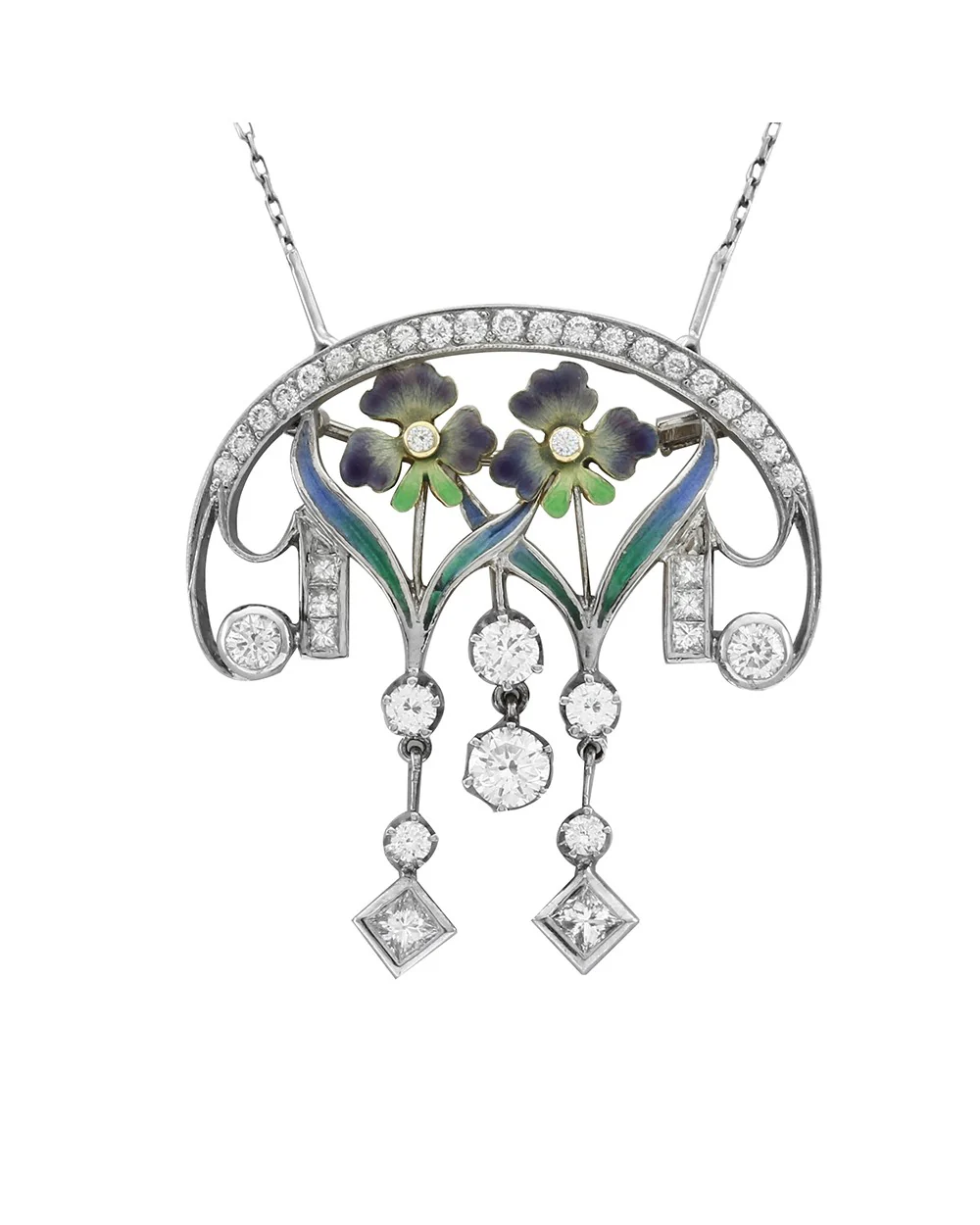 Nouveau 1910 Arctic Diamond and Enamel Brooch Pendant in Gold