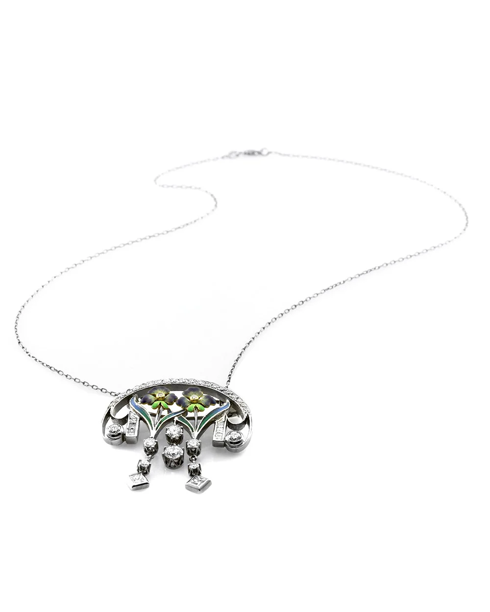 Nouveau 1910 Arctic Diamond and Enamel Brooch Pendant in Gold - Image 2