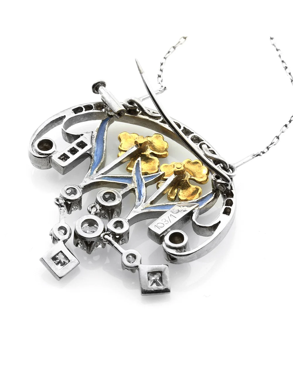 Nouveau 1910 Arctic Diamond and Enamel Brooch Pendant in Gold - Image 4