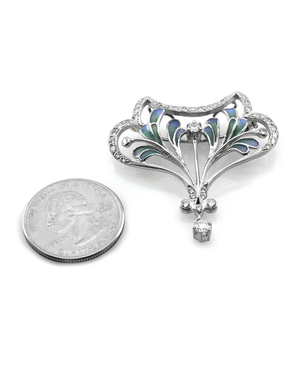 Nouveau 1910 Artic Collection Diamond and Enamel Brooch Pendant in Gold - Image 5