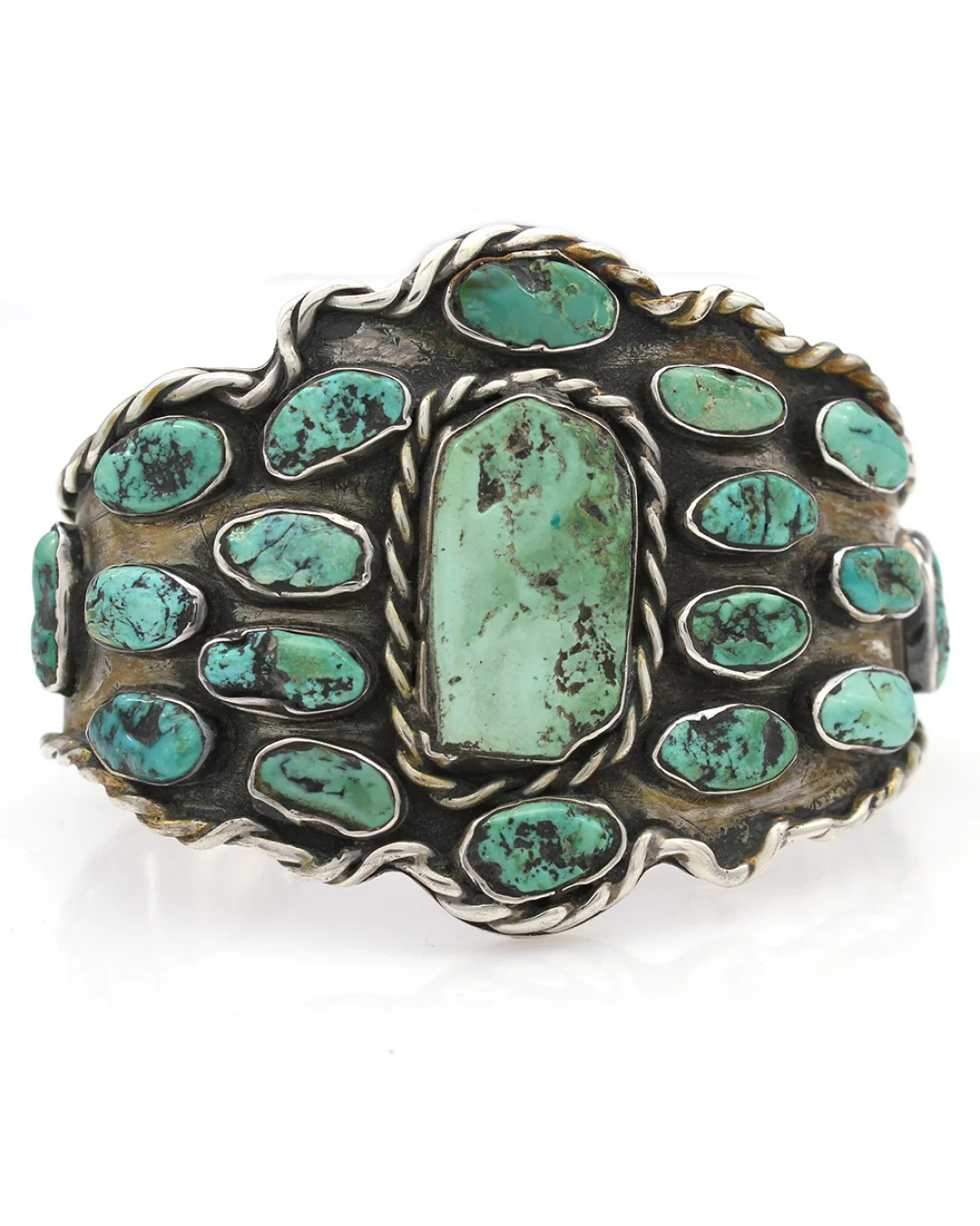 Old Pawn Navajo Sterling Silver & Turquoise Cluster Cuff Bracelet - Image 2