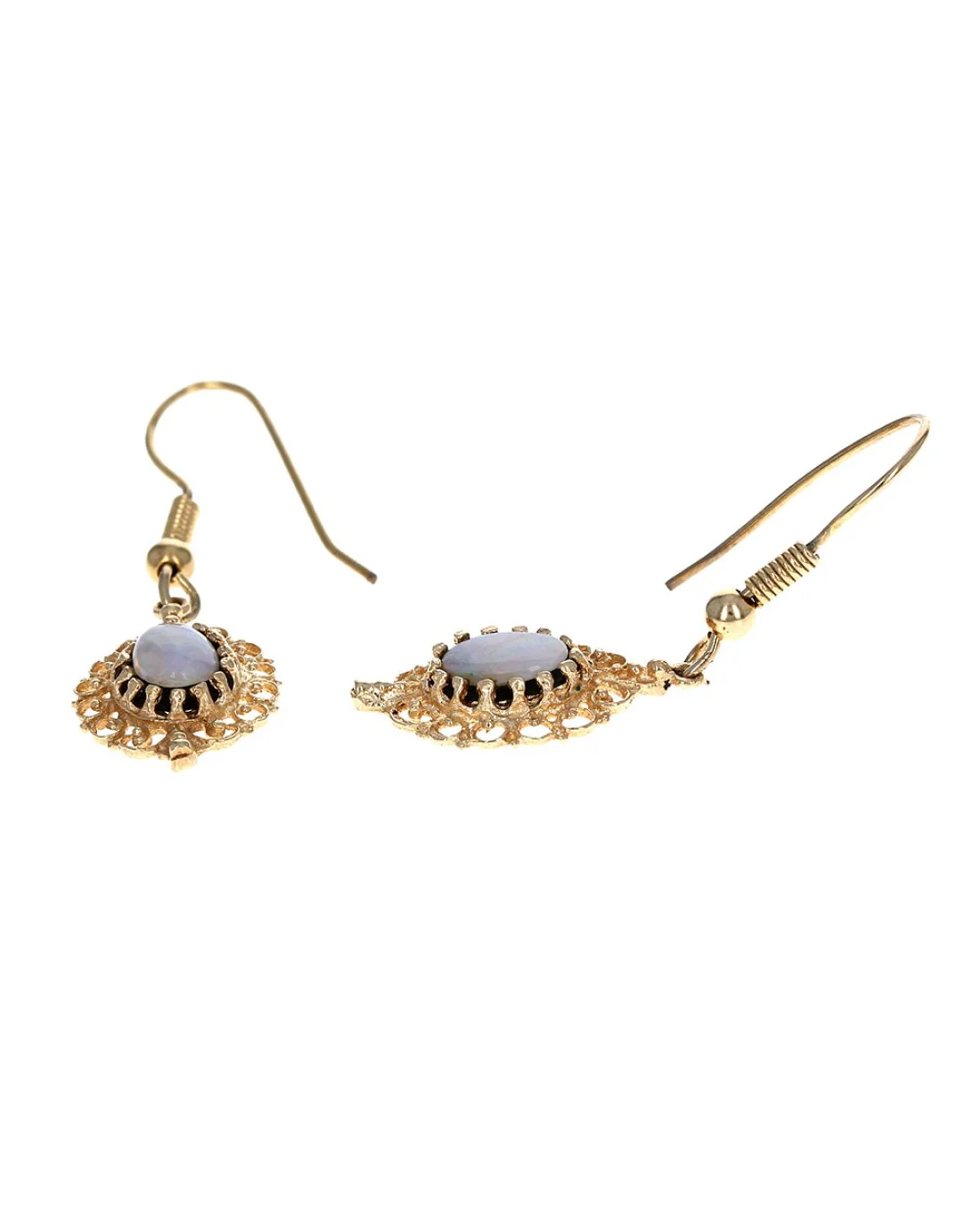 Opal Cabochon and Black Onyx Halo Dangle Earrings in Yellow Gold - Image 2