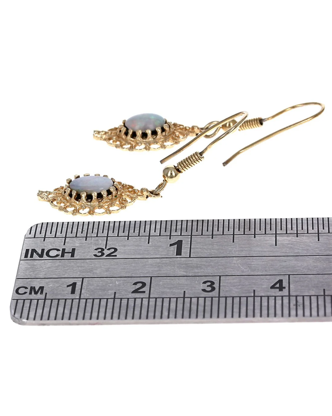 Opal Cabochon and Black Onyx Halo Dangle Earrings in Yellow Gold - Image 3