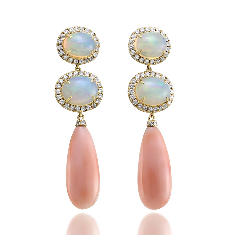 Opal, Diamond Halo and Pink Coral Dangle Earrings