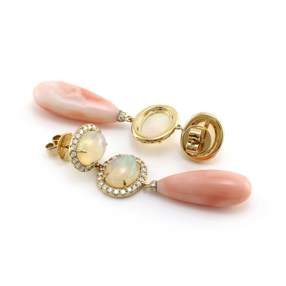 Opal, Diamond Halo and Pink Coral Dangle Earrings - Image 2
