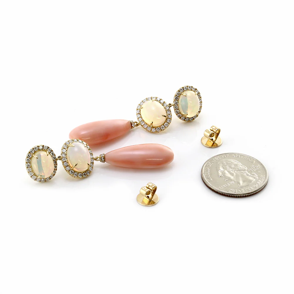 Opal, Diamond Halo and Pink Coral Dangle Earrings - Image 4