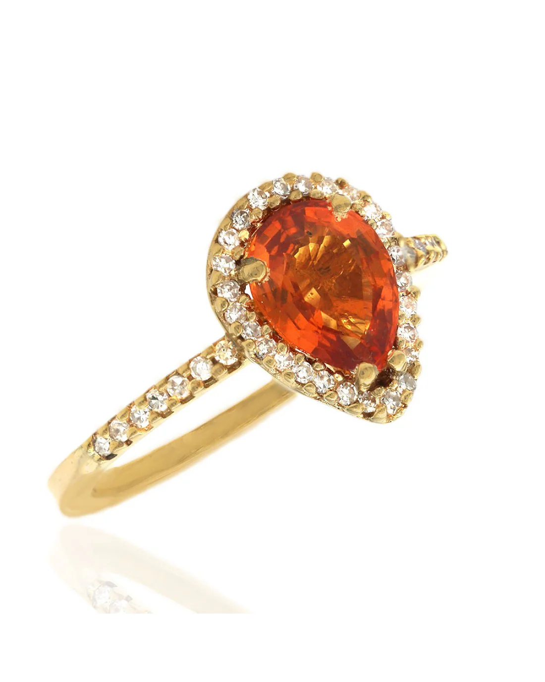 Orange Pear Cut Garnet Diamond Halo Ring in Yellow Gold