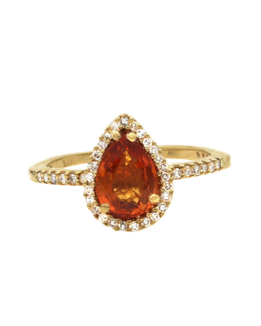 Orange Pear Cut Garnet Diamond Halo Ring in Yellow Gold - Image 2