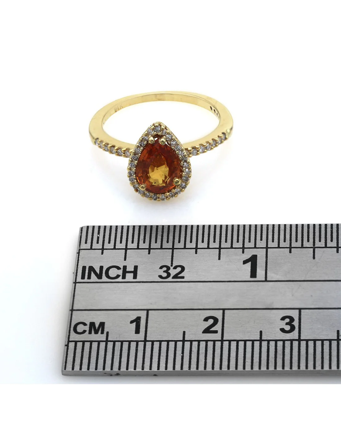 Orange Pear Cut Garnet Diamond Halo Ring in Yellow Gold - Image 3