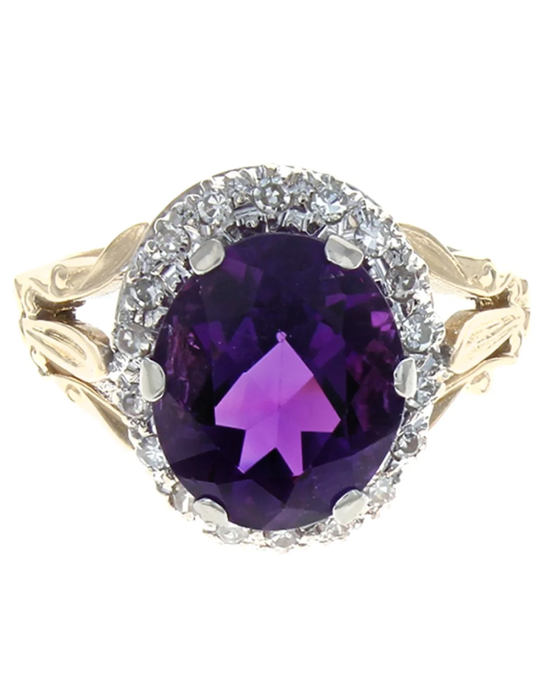 Oval Amethyst and Diamond Halo Open Shank Ring - Image 2