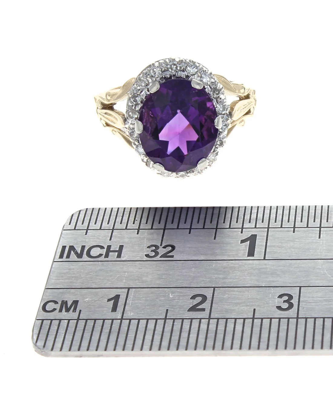 Oval Amethyst and Diamond Halo Open Shank Ring - Image 3