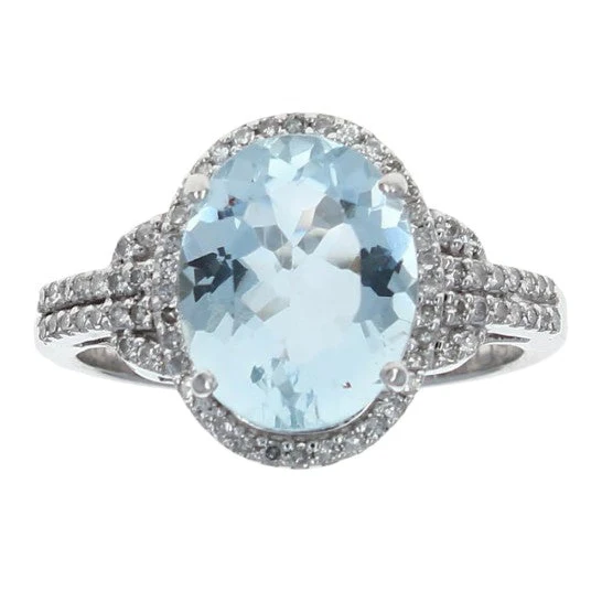 14K White Gold Oval Aquamarine and Diamond Halo Rin - Image 2