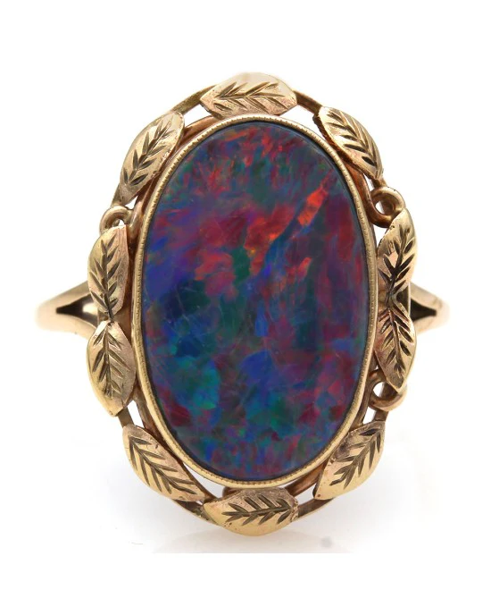 Oval Opal Leaf Halo Ring in Gold - Image 2
