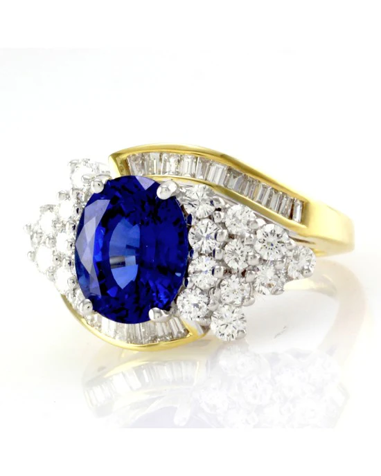 Oval Tanzanite Bypass Ring w/ Diamond Cluster in Two Tone 18K Gold - Image 2