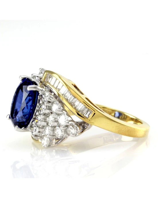 Oval Tanzanite Bypass Ring w/ Diamond Cluster in Two Tone 18K Gold - Image 4