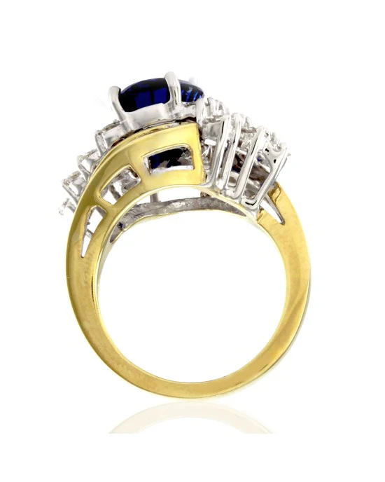 Oval Tanzanite Bypass Ring w/ Diamond Cluster in Two Tone 18K Gold - Image 5