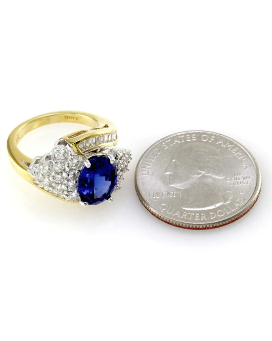 Oval Tanzanite Bypass Ring w/ Diamond Cluster in Two Tone 18K Gold - Image 7