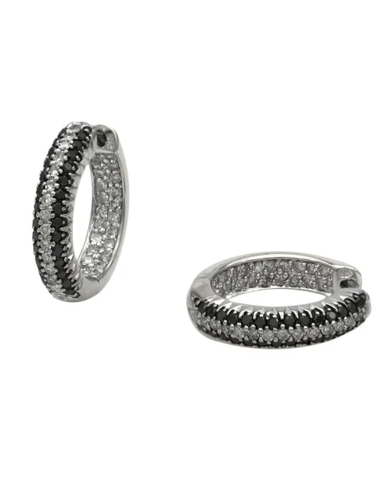 Pave Black and White Diamond Small Hoops in White Gold - Image 2