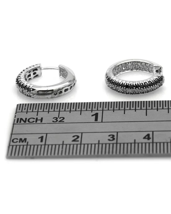 Pave Black and White Diamond Small Hoops in White Gold - Image 3