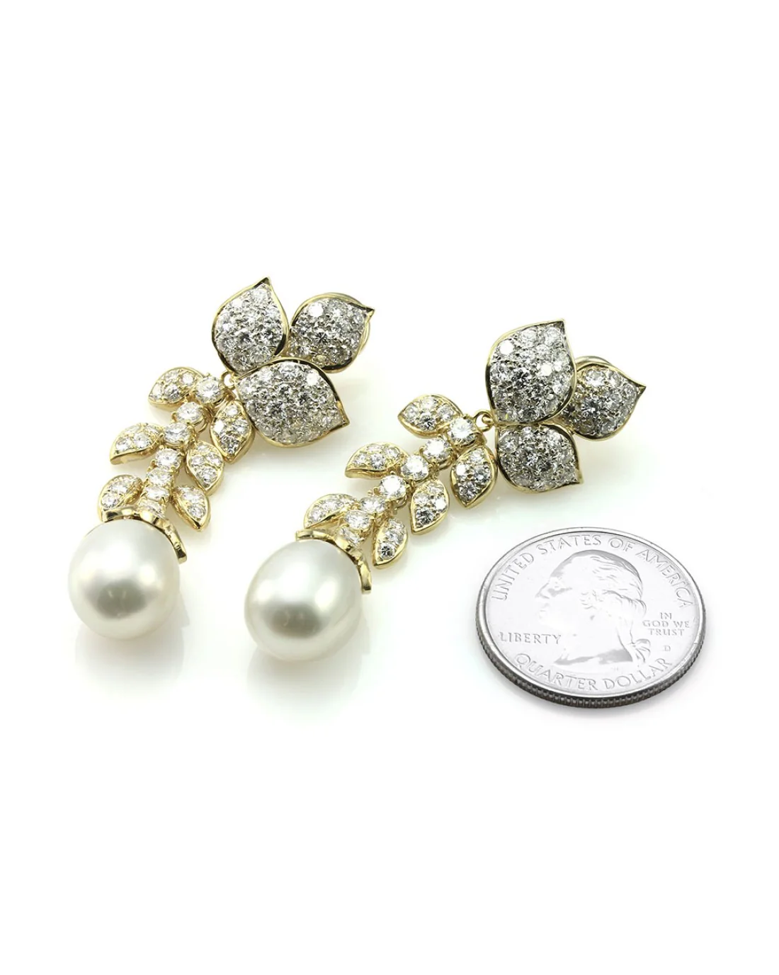Pave Diamond and Pearl Detachable Dangle Earrings in Gold - Image 3