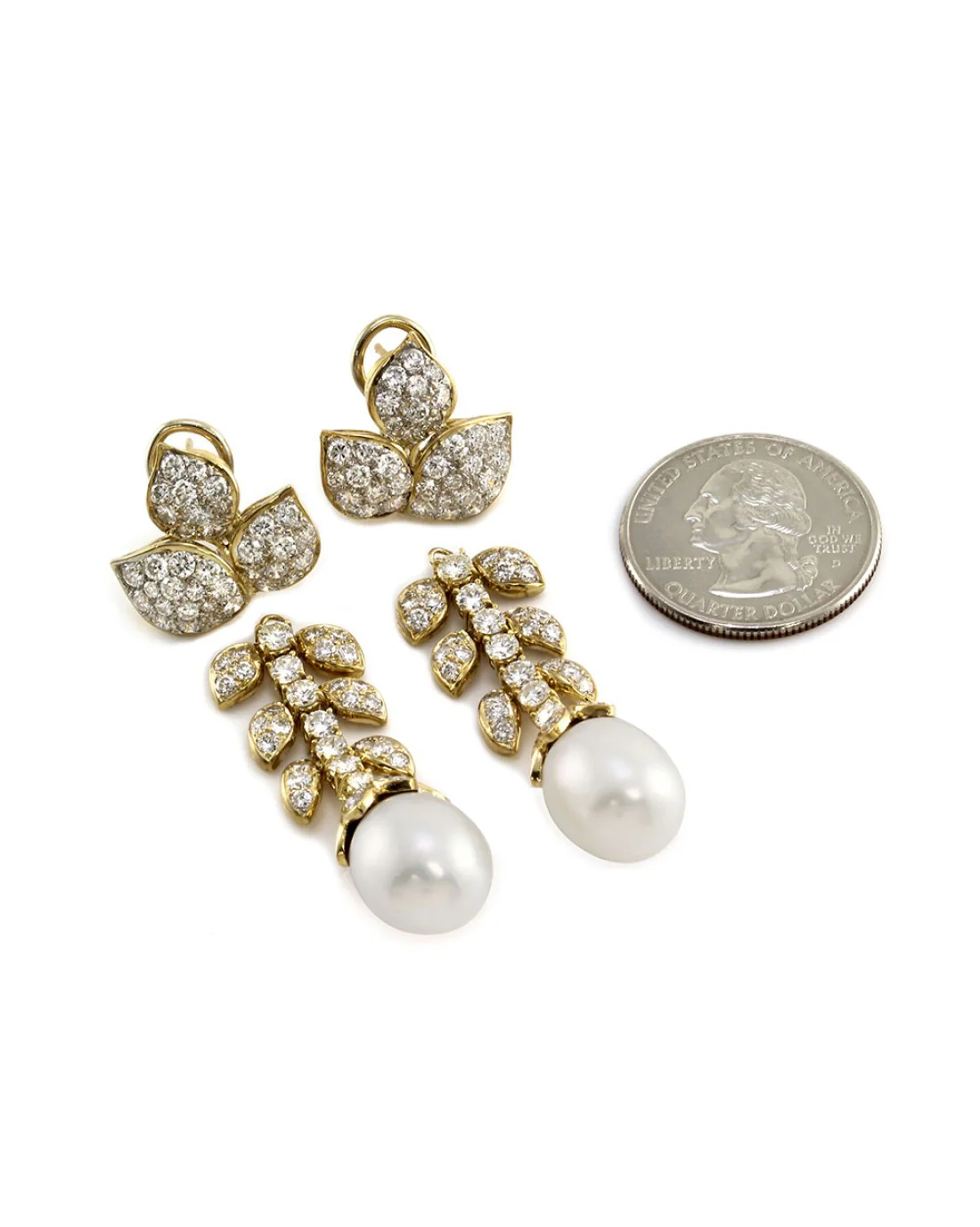 Pave Diamond and Pearl Detachable Dangle Earrings in Gold - Image 5