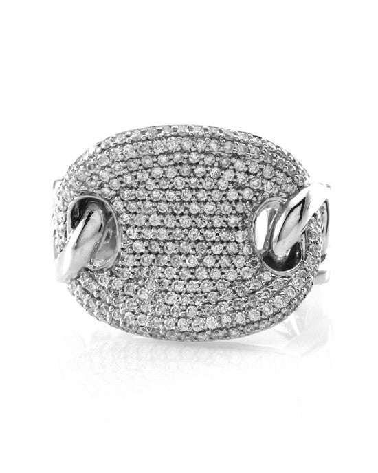 Pave Diamond Cluster Ring with Curb Link Details in 14K White Gold - Image 2