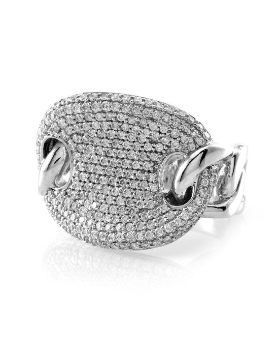 Pave Diamond Cluster Ring with Curb Link Details in 14K White Gold - Image 3