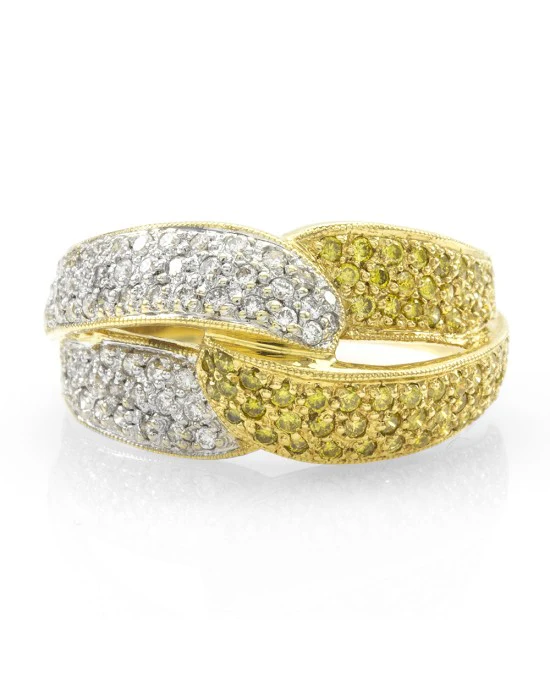 Pave Diamond Crossover Ring w/ White & Yellow Diamonds in 18K Yellow Gold