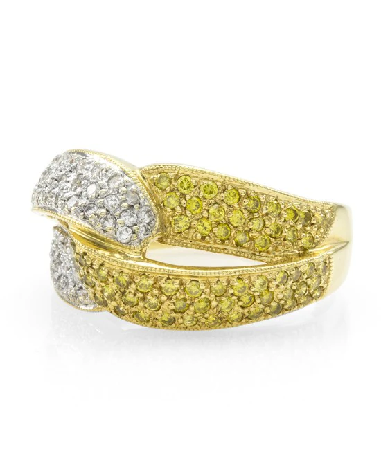 Pave Diamond Crossover Ring w/ White & Yellow Diamonds in 18K Yellow Gold - Image 2