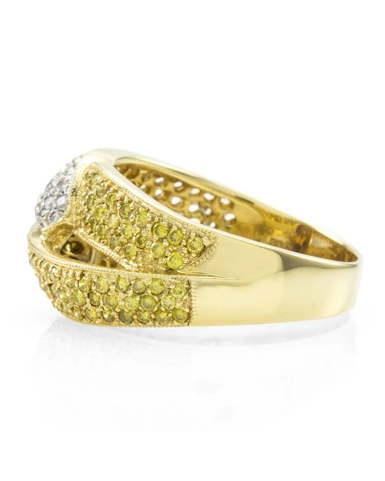 Pave Diamond Crossover Ring w/ White & Yellow Diamonds in 18K Yellow Gold - Image 3