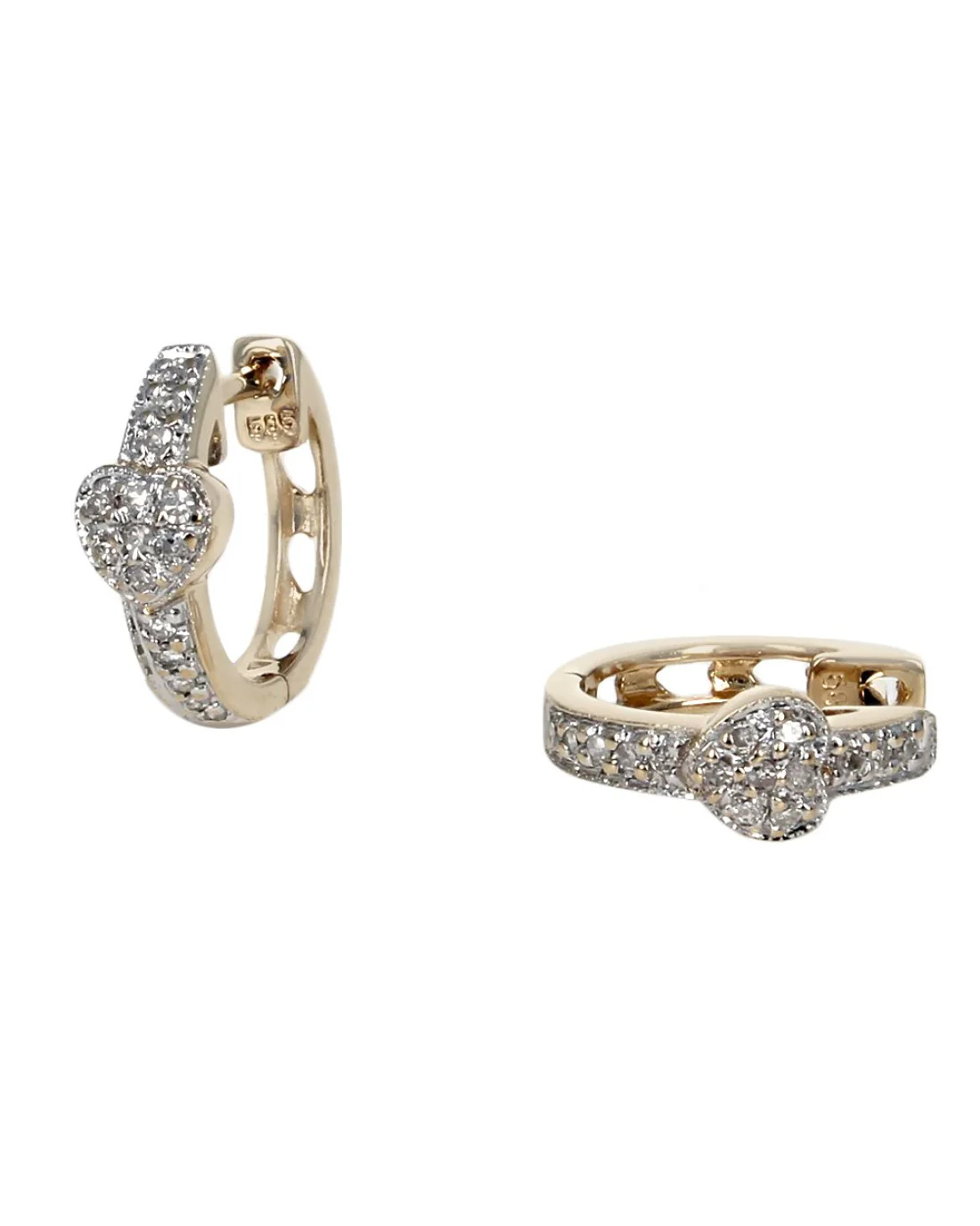 Pave Diamond Heart Huggie Hoop Earrings in White and Yellow Gold - Image 2