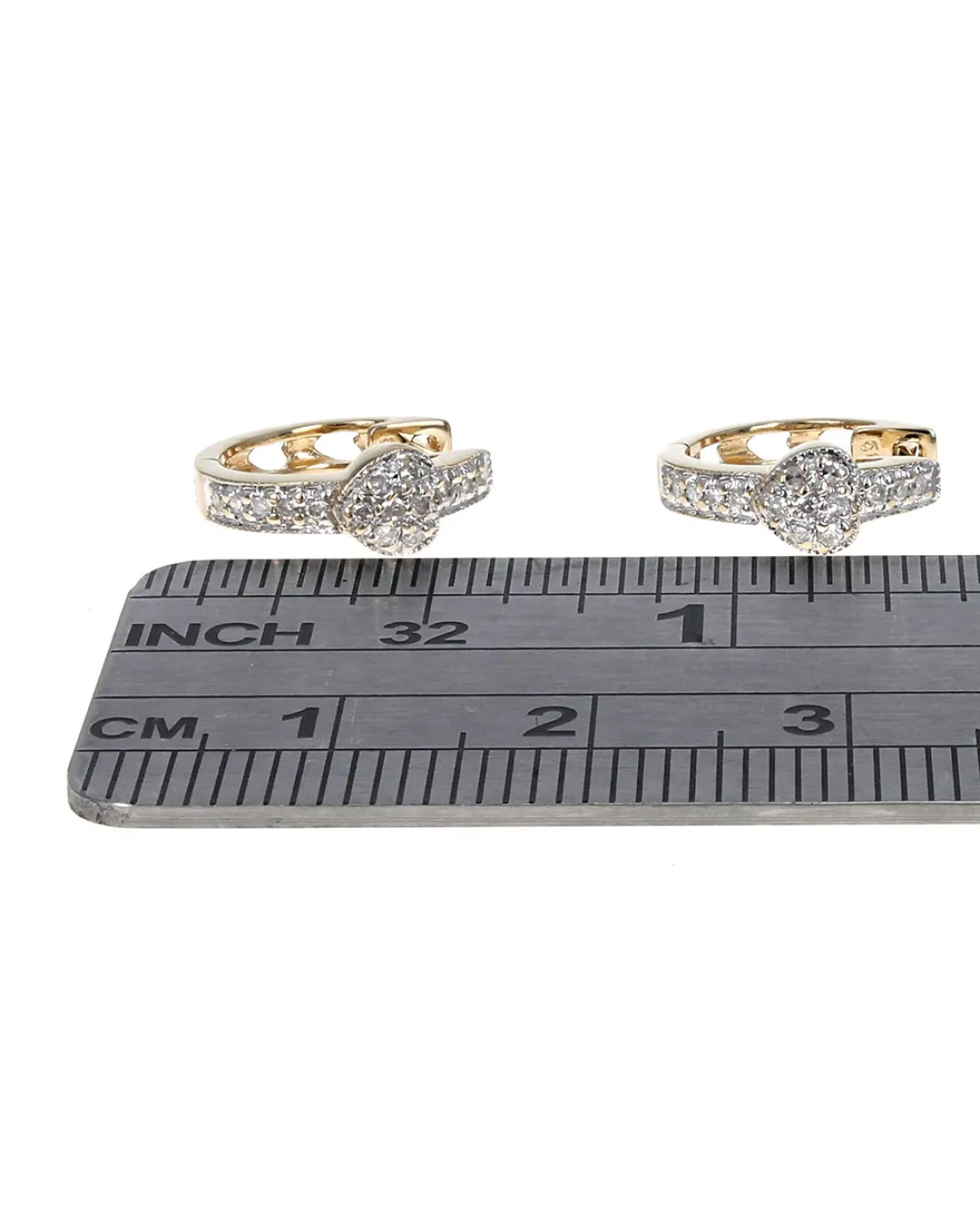 Pave Diamond Heart Huggie Hoop Earrings in White and Yellow Gold - Image 3