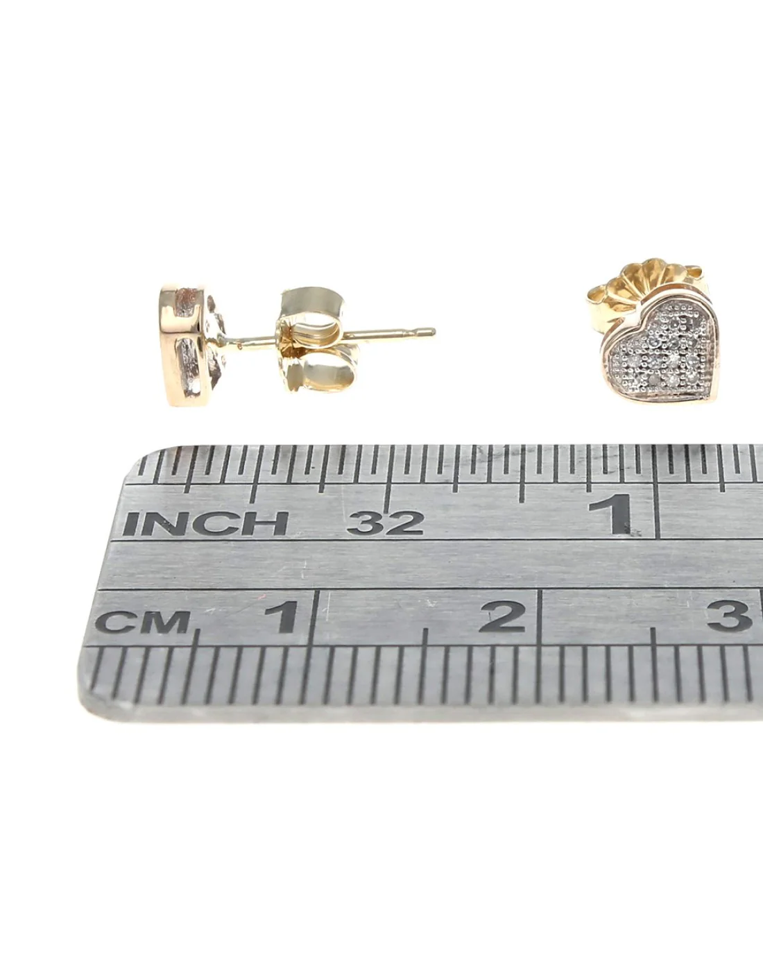 Pave Diamond Heart Stud Earrings in White and Yellow Gold - Image 3
