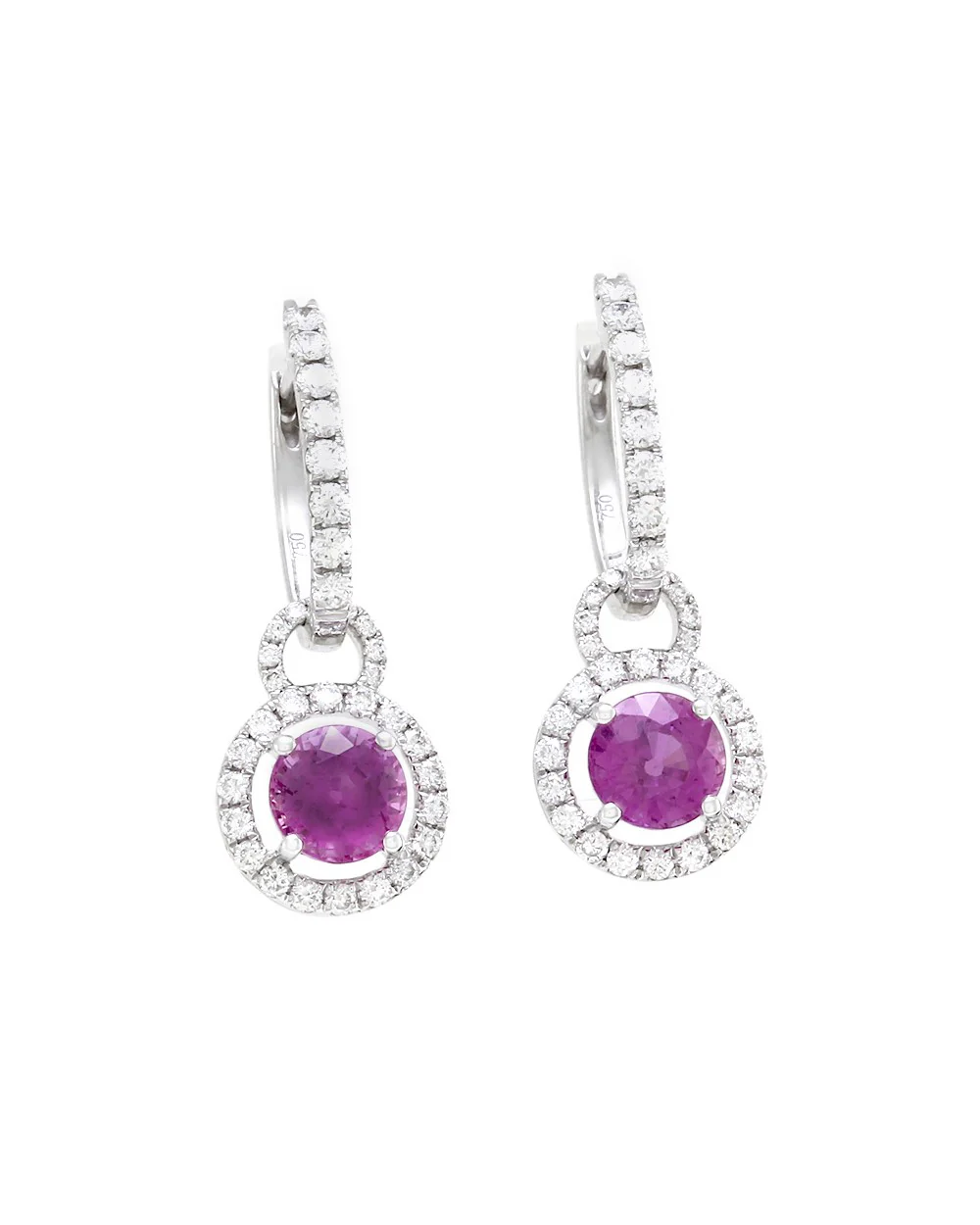 Pave Diamond Hoops with Pink Sapphire Diamond Halo Charms in Gold - Image 2
