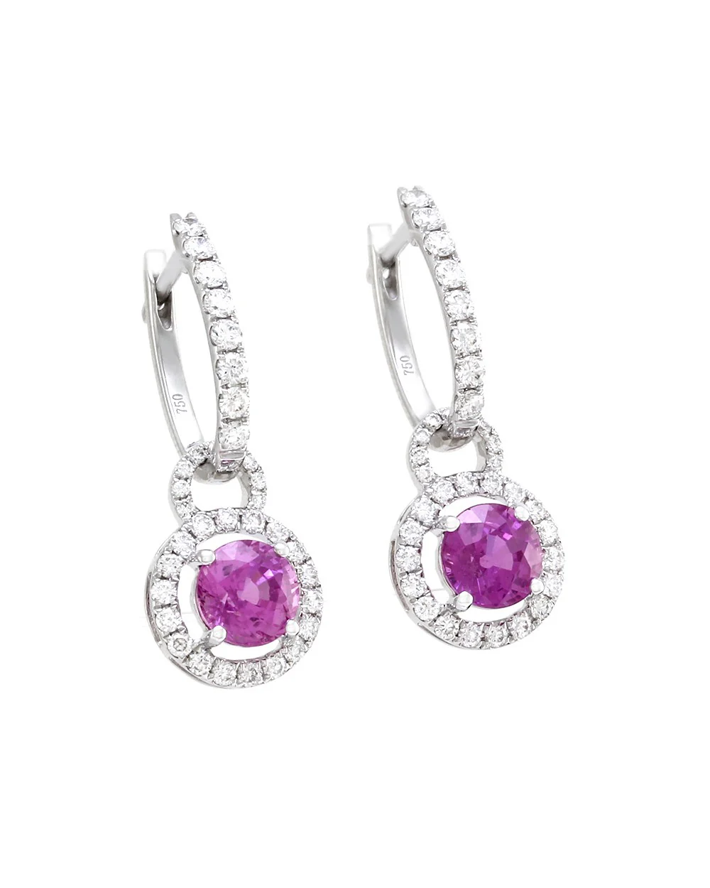 Pave Diamond Hoops with Pink Sapphire Diamond Halo Charms in Gold - Image 3