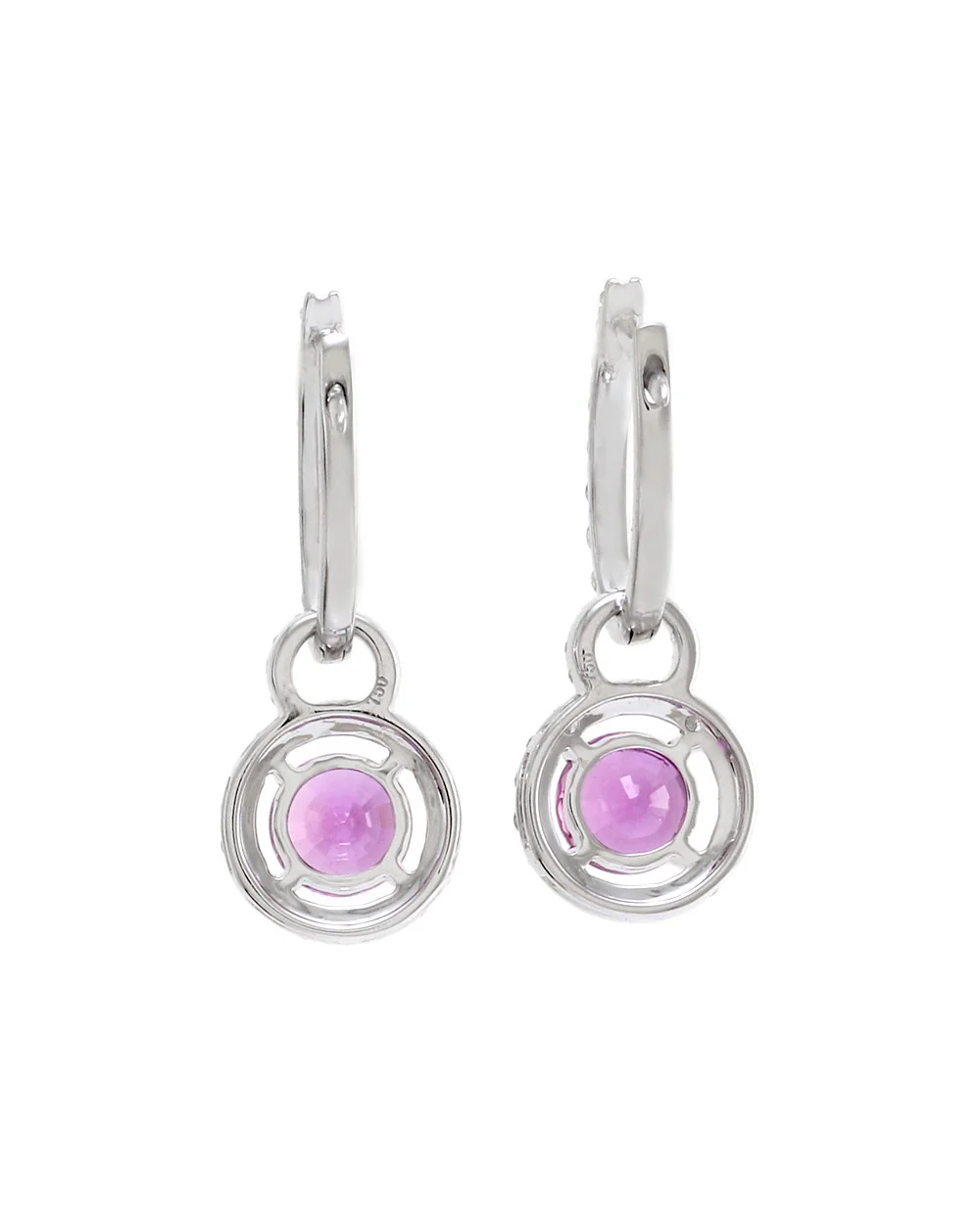 Pave Diamond Hoops with Pink Sapphire Diamond Halo Charms in Gold - Image 4